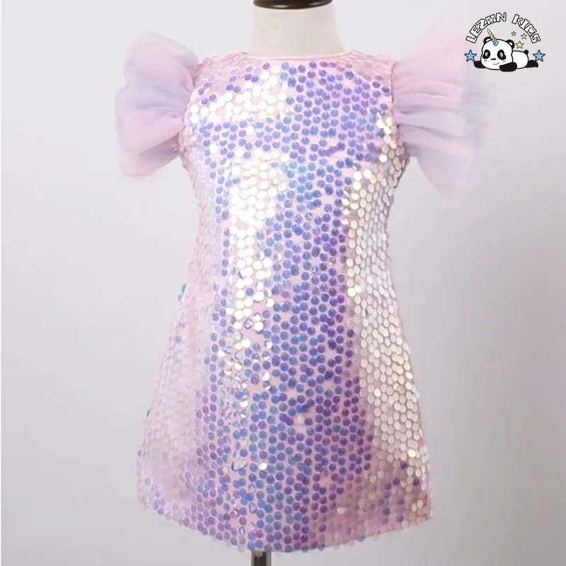 LEZONKIDS - Hot Pink Ruffle Tulle Sleeves Dress Girls Performance Festival Costume Sequin Dresses